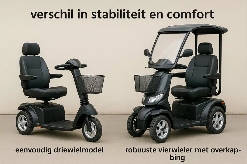 Twee scootmobielen naast elkaar: een eenvoudig driewielmodel en een stabiel vierwielmodel met overkapping