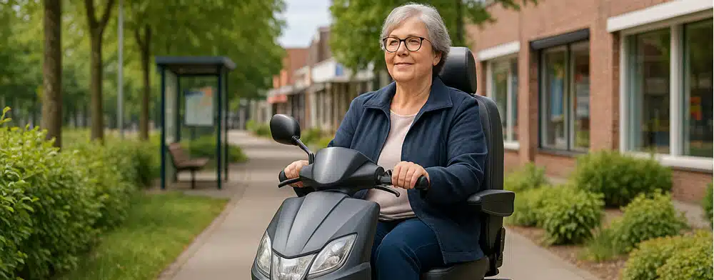 Cliënt rijdt veilig en comfortabel op een vierwielige scootmobiel, passend binnen de Wmo-indicatie