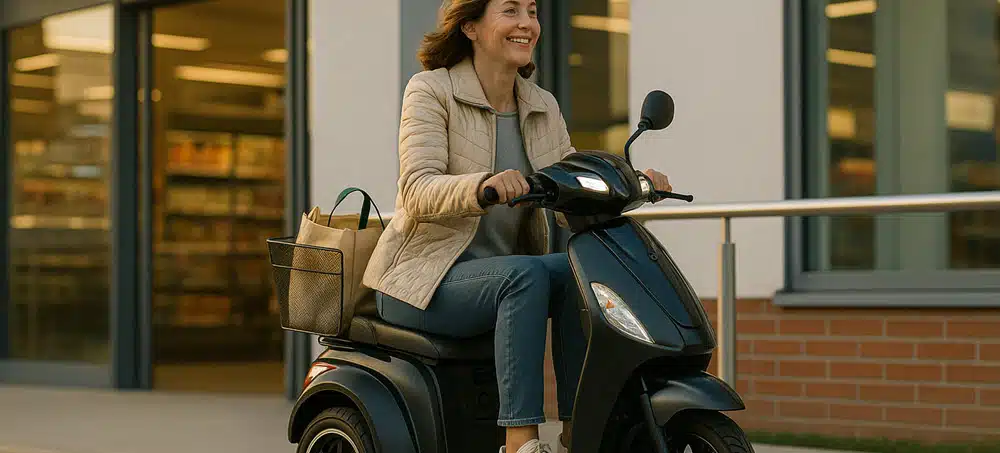 Wendbare 3-wiel Nipponia Pride scootmobiel rijdt soepel een supermarkt-oprit op met boodschappen