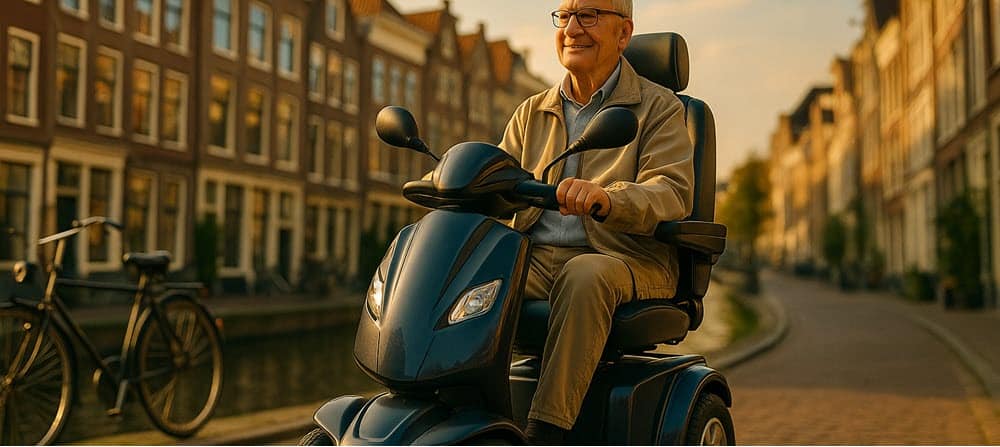 Senior rijdt op moderne Wmo scootmobiel 2025 in Nederlandse binnenstad