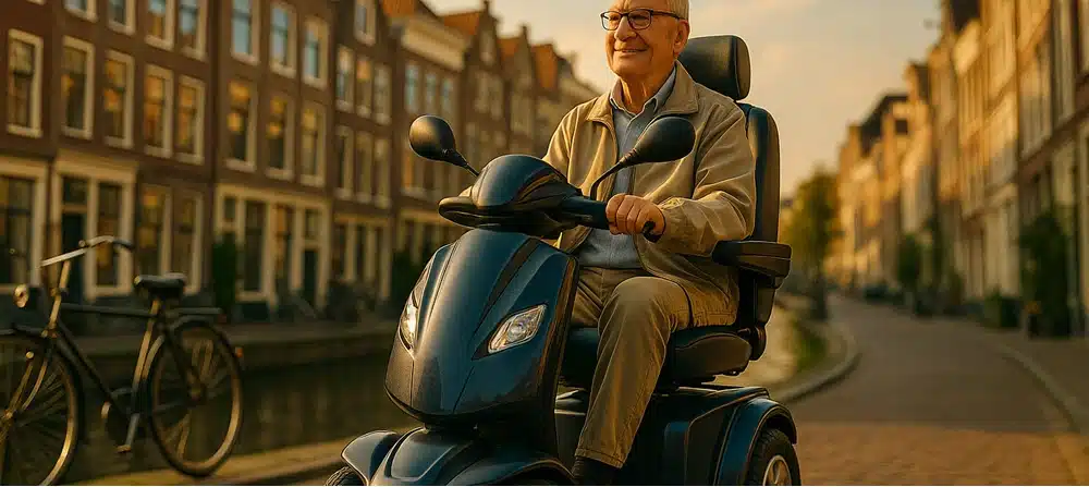 Senior rijdt op moderne Wmo scootmobiel 2025 in Nederlandse binnenstad