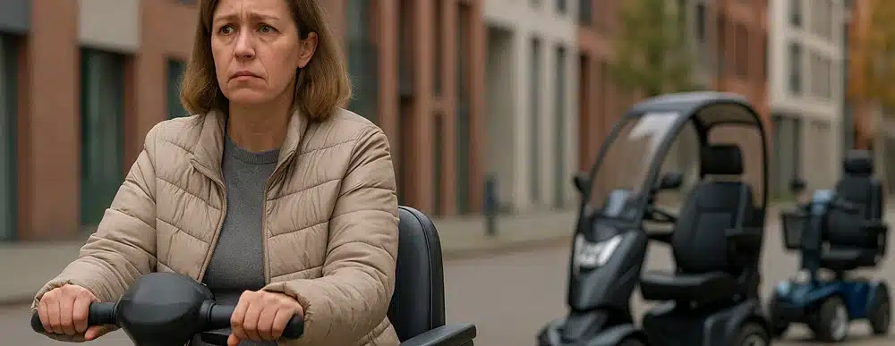 Onzekere gebruiker op een standaard Wmo-scootmobiel die niet geschikt lijkt voor zijn behoeften