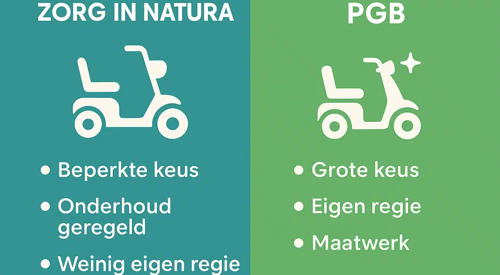 Infographic die de verschillen weergeeft tussen zorg in natura en PGB voor scootmobielen