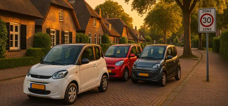 Drie elektrische brommobielen in een schilderachtige dorpsstraat in Laren – populaire 45 km auto’s (microcars) in het Gooi