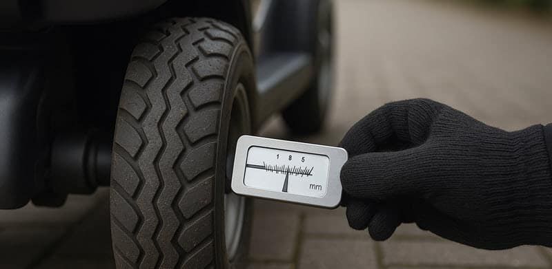 Bandenprofiel van scootmobiel wordt gecontroleerd voor veiligheid bij regen