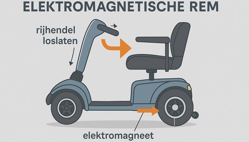 Schematische weergave van het elektromagnetisch remsysteem op een scootmobiel met uitleglabels