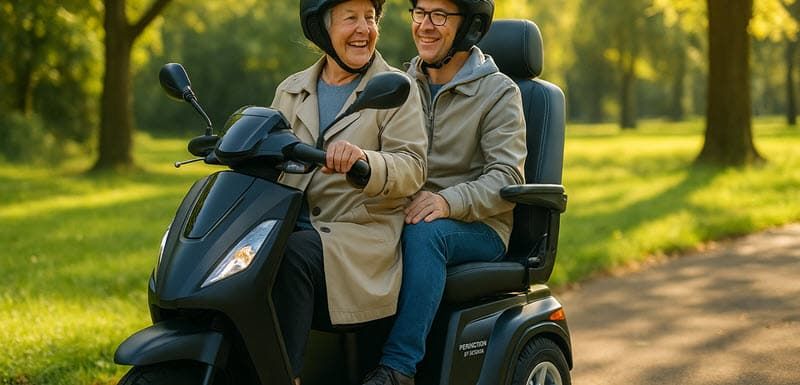 For Motion On Four Duo scootmobiel met passagier en mantelzorger in een park