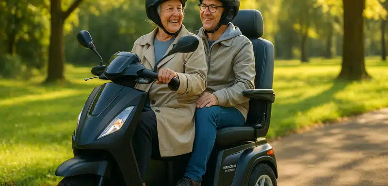 For Motion On Four Duo scootmobiel met passagier en mantelzorger in een park
