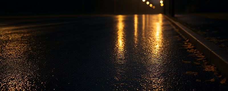 Glad nat wegdek met reflecterende straatlampen bij regenachtig weer