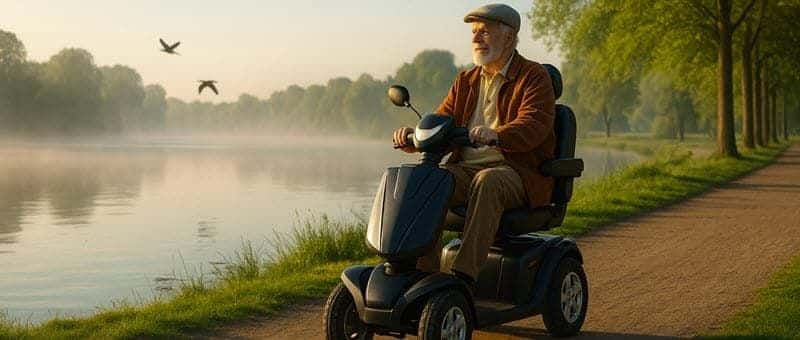 Senior man geniet van een ontspannen ochtendrit met zijn scootmobiel langs een meer in het zonlicht.