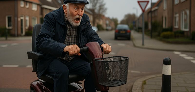 Scootmobielgebruiker knijpt per ongeluk in de hendel en versnelt richting obstakel