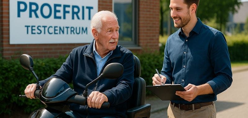 Senior test scootmobiel onder begeleiding van een adviseur tijdens een proefrit