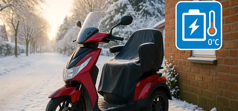Scootmobiel met accu-beschermhoes geparkeerd in de sneeuw – tips voor accubescherming in de winter