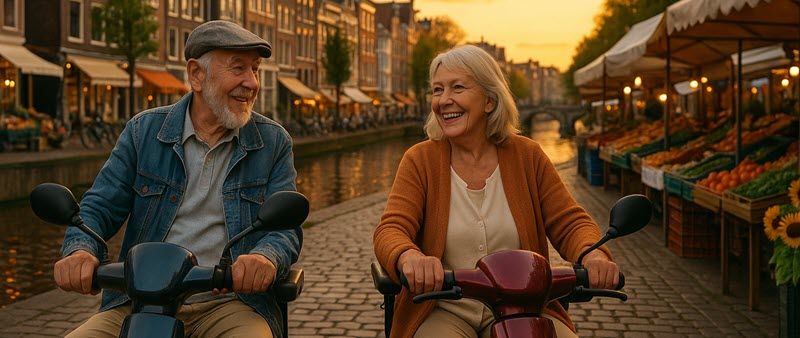 Avontuurlijke scootmobielrit door Nederlandse stad en natuur met vrolijke senioren die genieten van hun vrijheid.