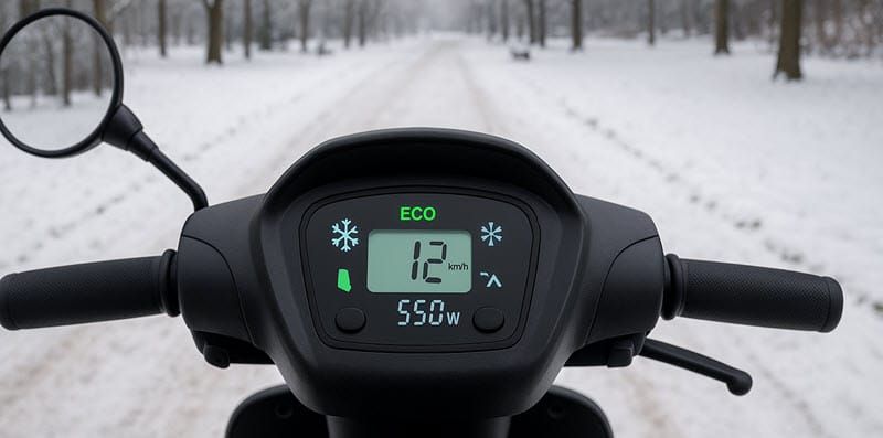 Scootmobiel dashboard met actieve eco-modus en accuverbruik tijdens winterrit