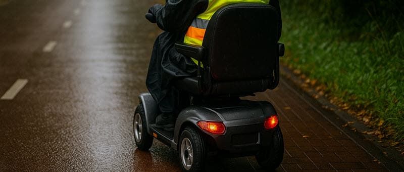 Scootmobielrijder met reflecterend hesje rijdt in lichte regen voor zichtbaarheid