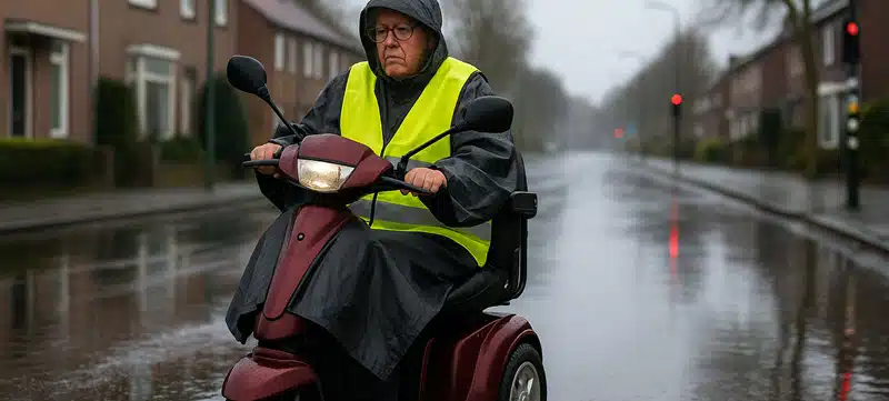 Oudere op scootmobiel rijdt veilig over nat wegdek bij regen in woonwijk
