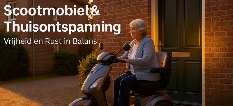 Oudere vrouw parkeert haar scootmobiel bij huis en geniet van een rustige avond thuis in warme verlichting.