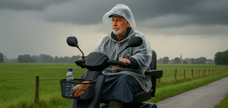 Scootmobielrijder met regenkleding en schootkleed tijdens wisselvallig Nederlands weer