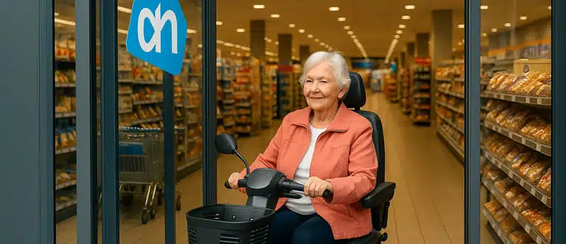 Vrouw in scootmobiel rijdt supermarkt binnen via automatische deur met brede gangpaden