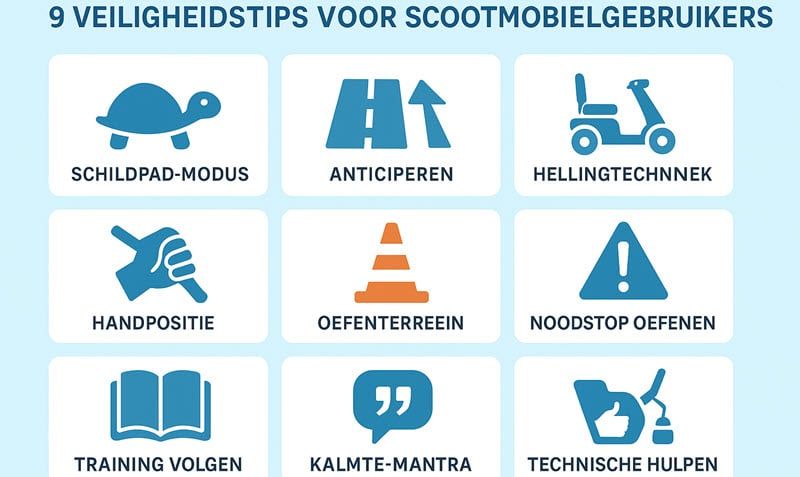 Infographic met 9 veiligheidstips voor scootmobielgebruikers inclusief pictogrammen