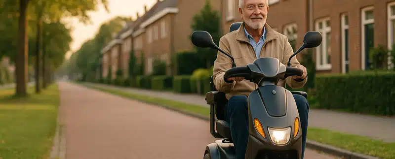 Banner met senior op moderne scootmobiel in groene stad – voordelen van een scootmobiel: zelfstandigheid, vrijheid en sociale verbinding.