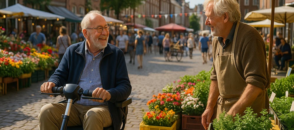 Oudere man op opvouwbare scootmobiel ontdekt spontaan bloemenmarkt in Groningen en geniet van een onverwachte ontmoeting.