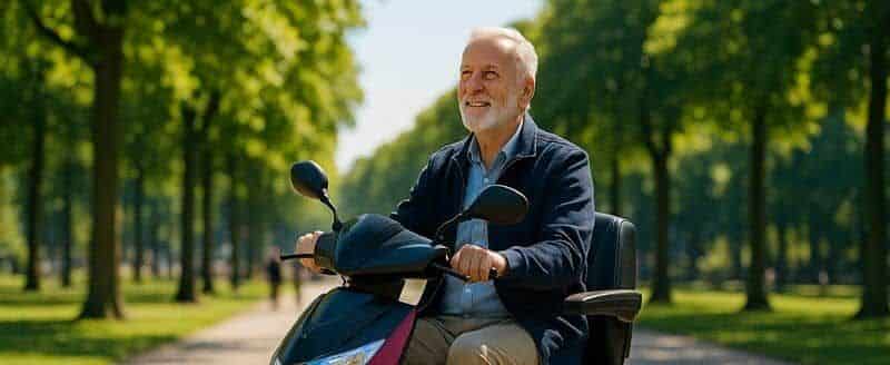 Actieve senior geniet van vrijheid met een For Motion scootmobiel in een Nederlands stadspark