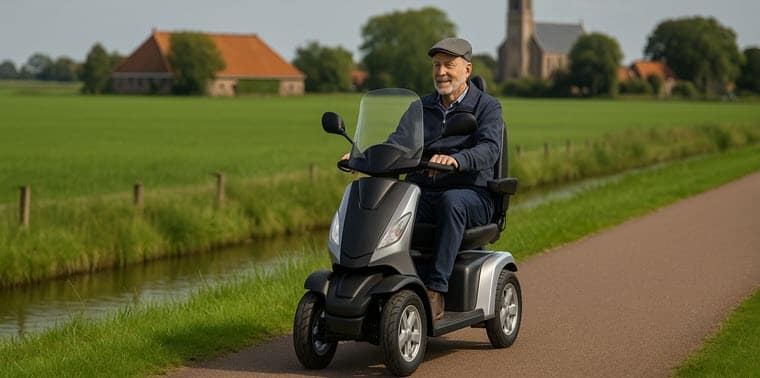 Senior op moderne scootmobiel in Fries landschap – scootmobiel Friesland kopen of leasen