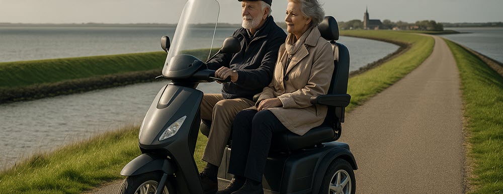 Ouder stel rijdt met een scootmobiel over een Zeeuwse dijk met water op de achtergrond in Zeeland