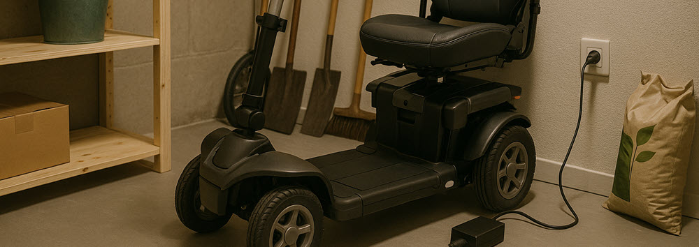 Opvouwbare scootmobiel compact gestald en opgeladen in een berging