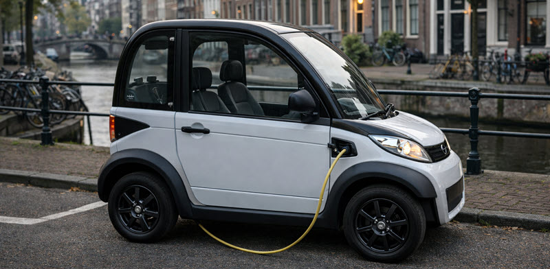 Overdekte rijbewijsvrije mobiliteitsauto als alternatief voor een Birò, gefotografeerd in zijaanzicht