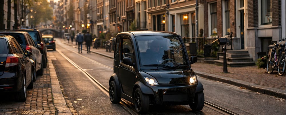 Compacte microcar vergelijkbaar met een Birò in stedelijk straatbeeld in Amsterdam