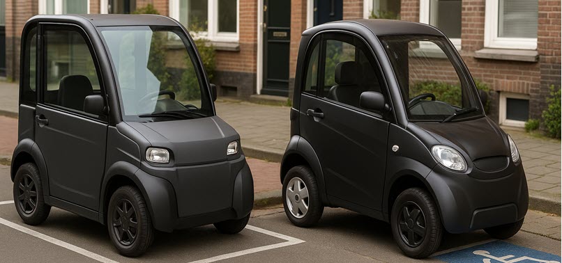 Vergelijking tussen Biro-achtige 45 km auto in autoparkeerplaats en gesloten scootmobiel auto als rijbewijsvrij alternatief