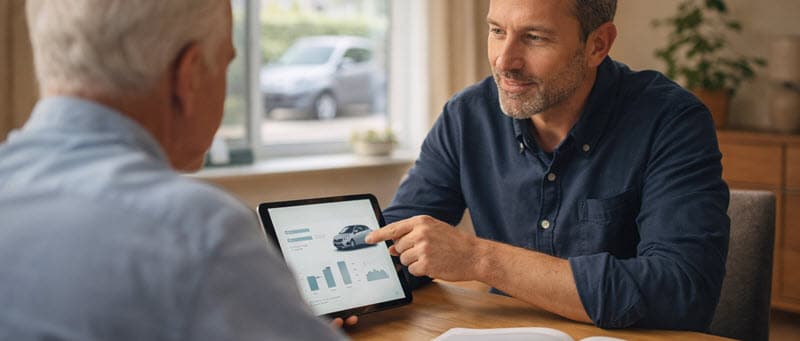 Adviseur bespreekt lease en betaalopties bij een compacte 45 km auto aan tafel