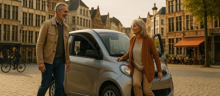 Moderne brommobiel in Antwerpen die als 45 km auto over een dijk langs het water rijdt