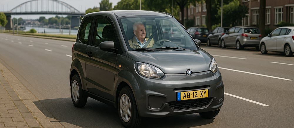een elektrische brommobiel in Arnhem op de rijbaan als 45 km auto voor zelfstandig vervoer zonder autorijbewijs.