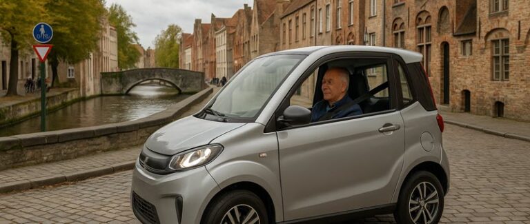 Vitale senior in een brommobiel rijdt door de historische binnenstad van Brugge met een moderne 45 km auto.