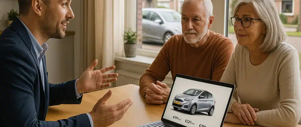 Adviseur bespreekt brommobiel in Emmen met klanten thuis over proefrit, kopen, leasen, IN3 en Wmo/PGB-mogelijkheden