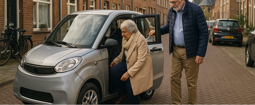 Ouder echtpaar stapt in een brommobiel in Helmond voor korte ritten met een 45 km auto