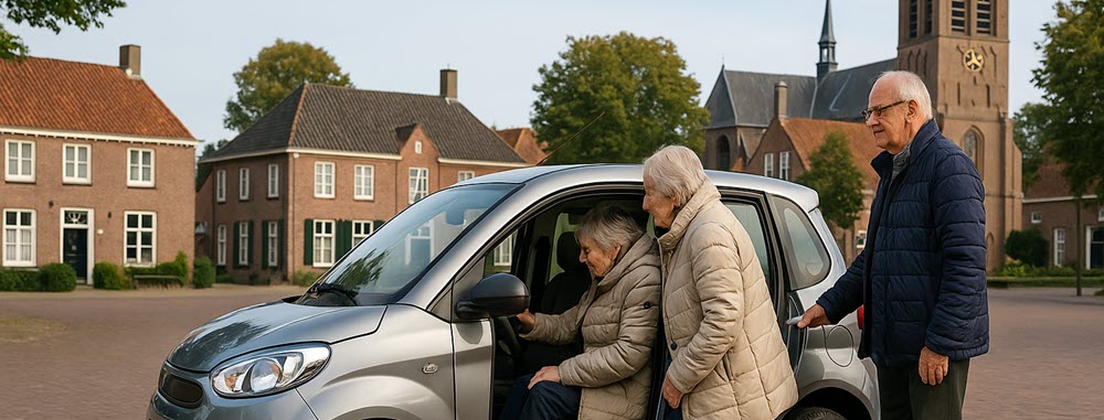 Brommobiel 45 km auto in het dorpscentrum van Hilvarenbeek met oudere bestuurder die instapt