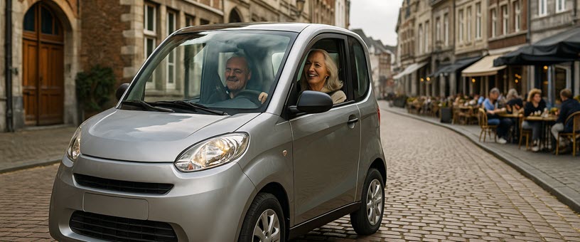 Senioren rijden in een brommobiel door de historische binnenstad van Maastricht als compacte 45 km auto