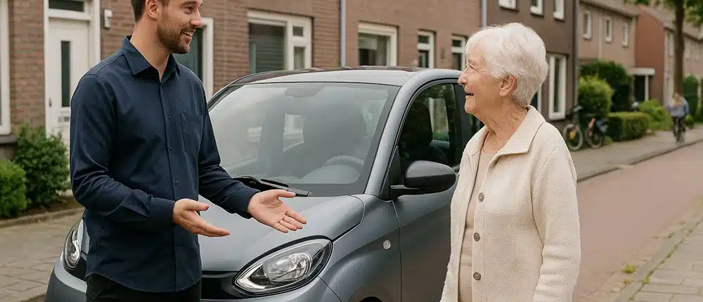 Proefrit met brommobiel aan huis in Deurne met mobiliteitsspecialist en klant