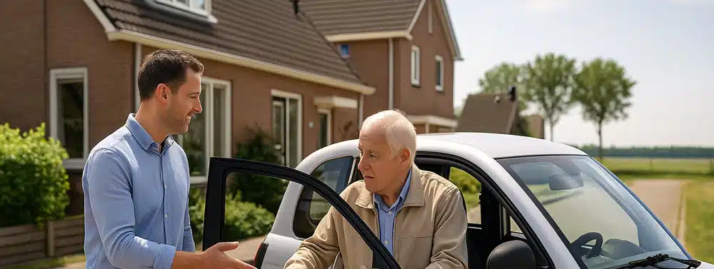 Adviseur geeft brommobiel proefrit aan huis in Emmeloord bij oudere man met 45 km auto voor de deur