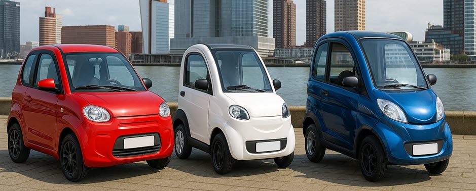 Brommobiel scootmobiel auto en rijbewijsvrije microcar naast elkaar in Rotterdam