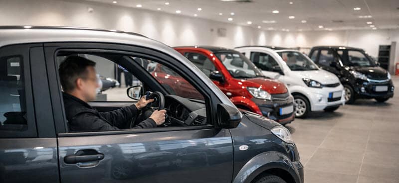 Brommobiel in de showroom, handig om modellen te vergelijken en het zitcomfort te testen.