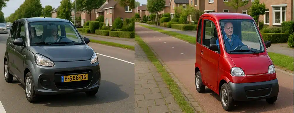 Visuele vergelijking brommobiel 45 km auto op de rijbaan en scootmobiel auto zonder rijbewijs op fietspad in Emmen