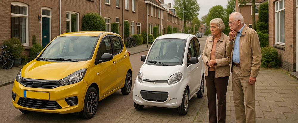 Vergelijking tussen brommobiel en scootmobiel auto in woonstraat in Veenendaal voor keuze tussen 45 km auto en rijbewijsvrij gehandicaptenvoertuig