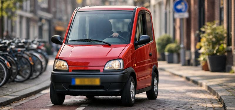 Close-up van een Canta voertuig met compacte breedte en lage instap