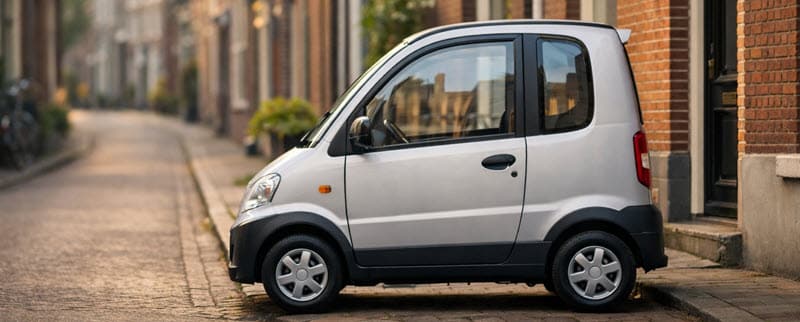 Compacte overdekte scootmobiel-auto in smalle stadsstraat, geparkeerd langs de stoep